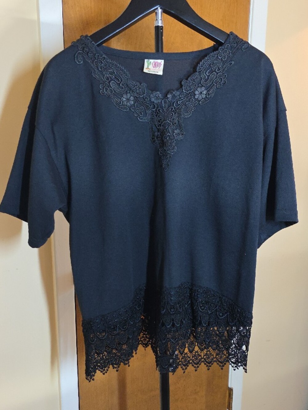 Cactus Short Sleeve Top black Lace Trim Made in USA Bohemian Whimsigoth - Picture 1 of 5